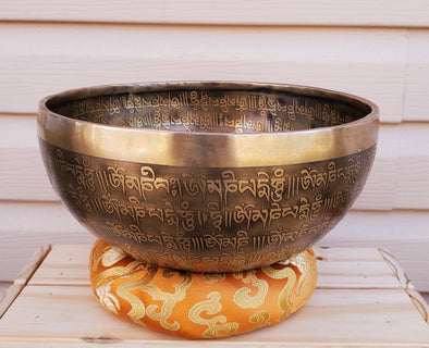 HAND BEATEN TIBETAN SINGING BOWL WITH COMPASSION MANTRA AND OM 9"