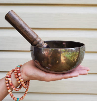 HAND BEATEN TIBETAN SINGING BOWL 5" WITH OM/FLOWER OF LIFE