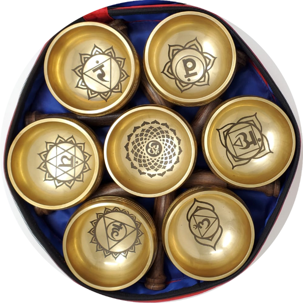 Seven Chakra Symbol Singing Bowls Set