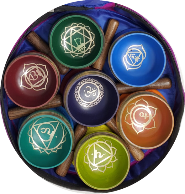 Seven Chakra Symbol + Color Singing Bowl set