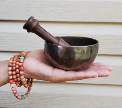 HAND BEATEN TIBETAN SINGING BOWL 4" WITH OM/FLOWER OF LIFE